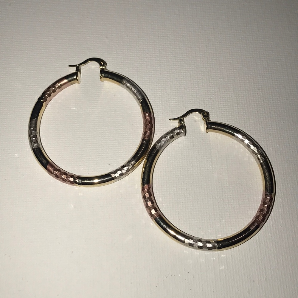 Tri-tone Gold, Silver, Rose Gold Hoop Earrings